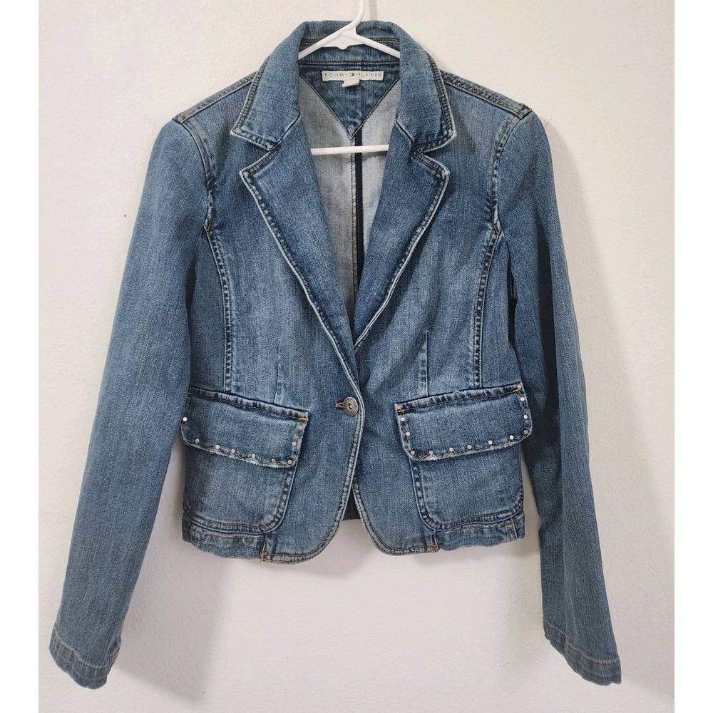Tommy Hilfiger Y2K Denim Blazer Jacket Studded Pockets Women's‎ Size M Blue